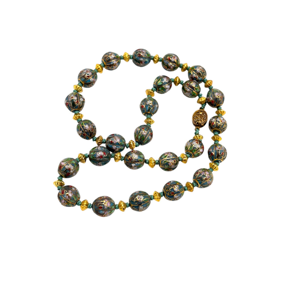 Side view of Vintage green and gold floral cloisonné bead hand-knotted necklace with scalloped enamel design displayed on black bust.