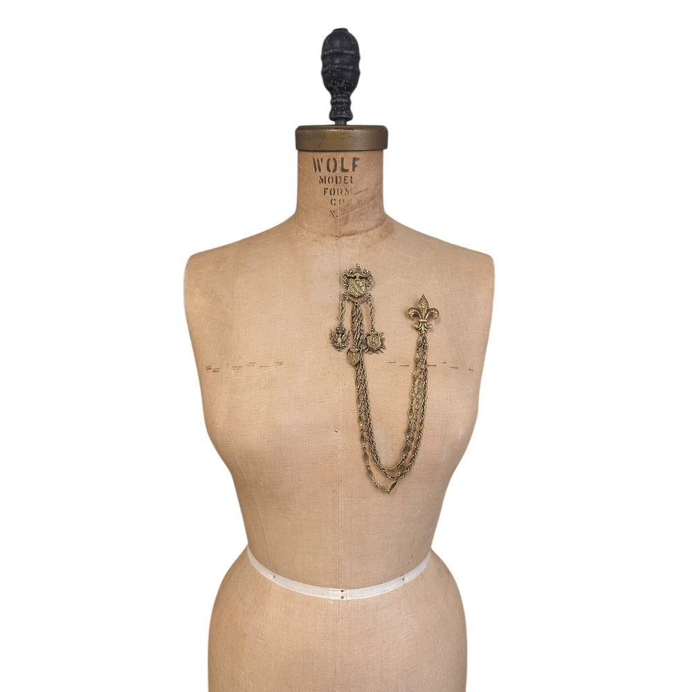 Brooches & PinsVintage Coro Gold - Plated Chatelaine Double Brooch Set with Heraldic Charms