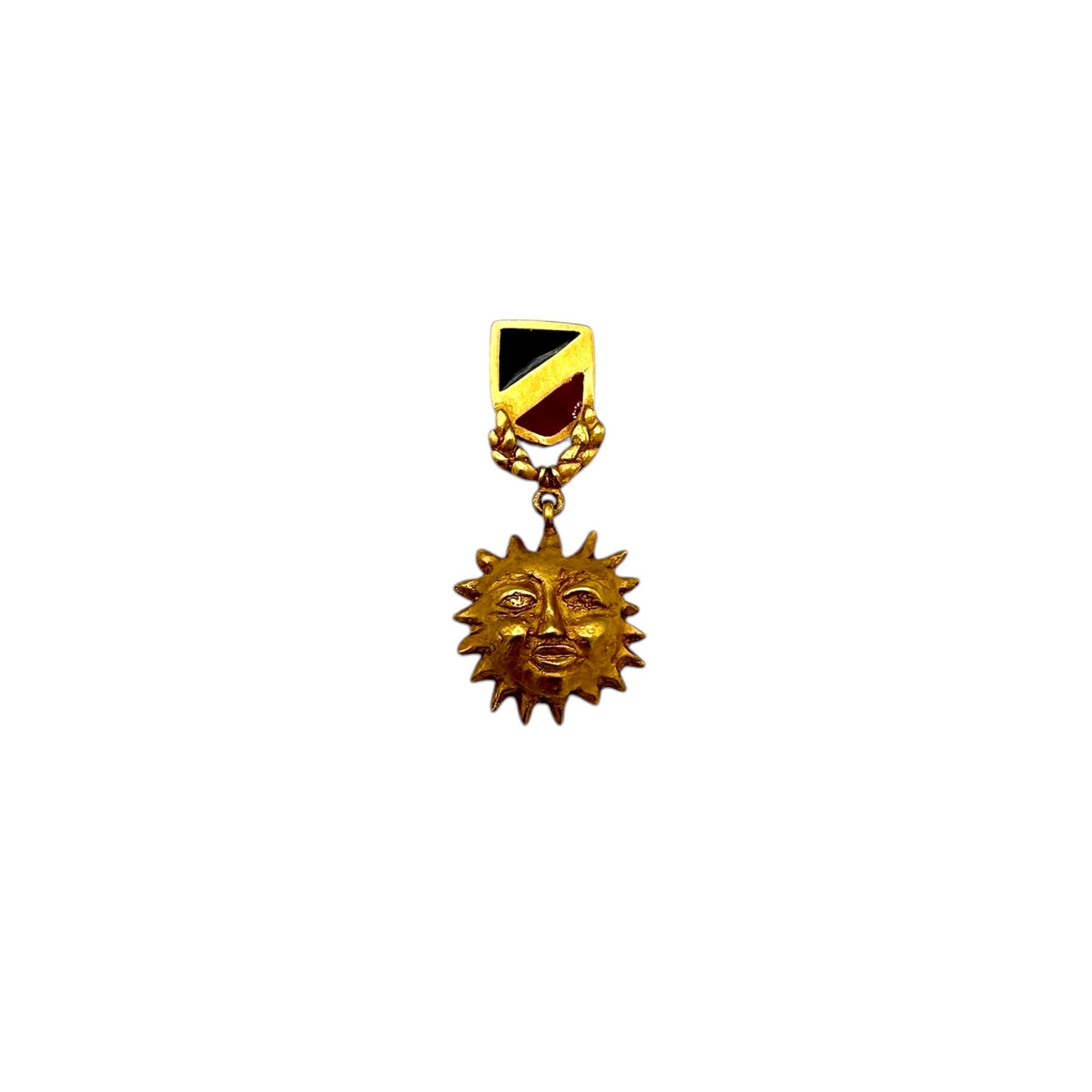 Vintage DKNY Matte Gold Sun Face Dangle Brooch Lapel Pin with Enamel Crest 24 Wishes Vintage Jewelry