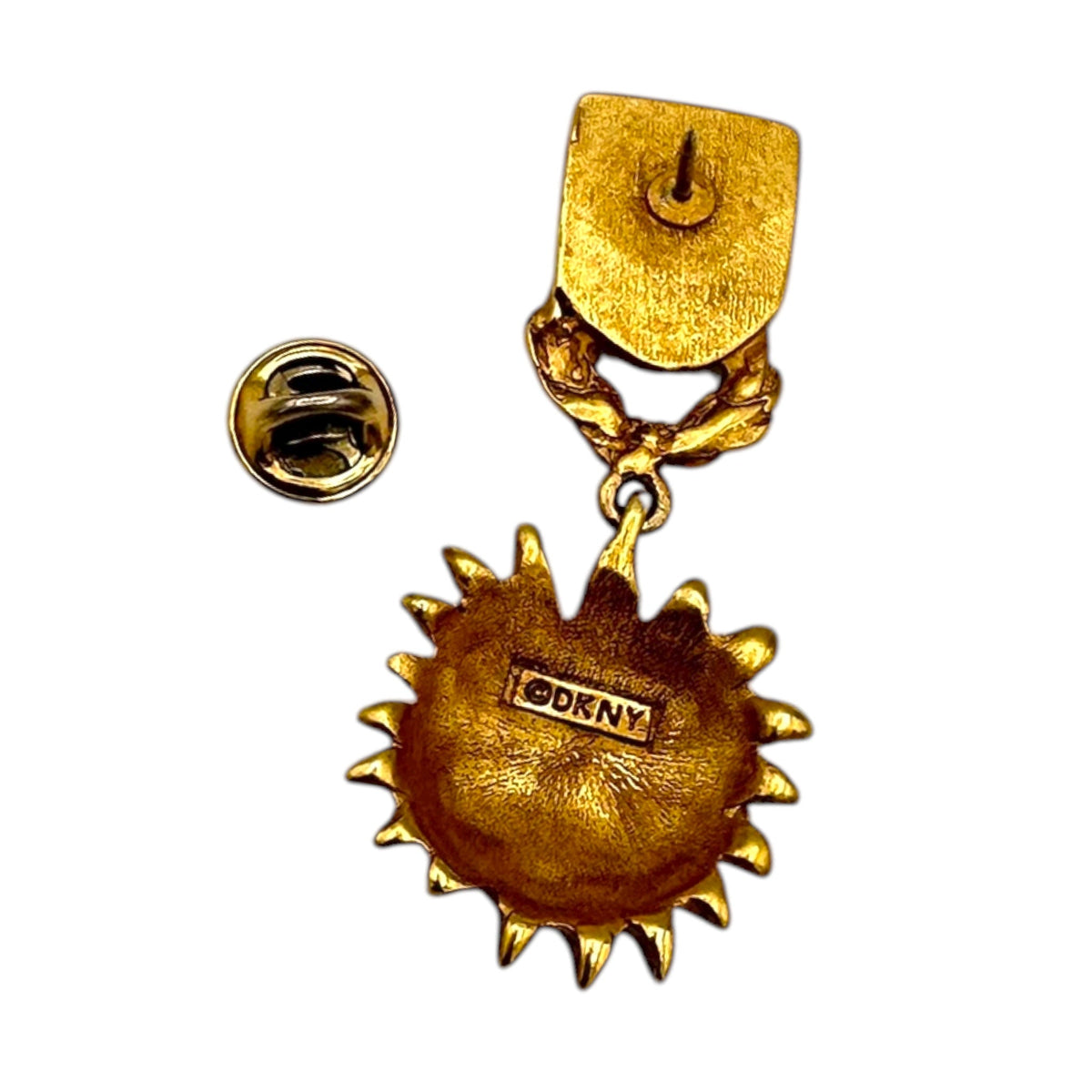 Vintage DKNY Matte Gold Sun Face Dangle Brooch Lapel Pin with Enamel Crest 24 Wishes Vintage Jewelry
