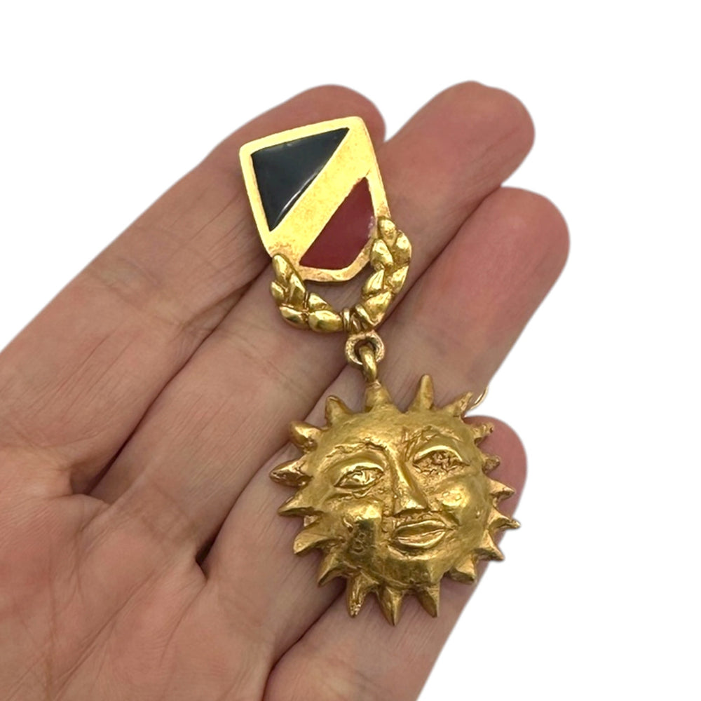 Vintage DKNY Matte Gold Sun Face Dangle Brooch Lapel Pin with Enamel Crest 24 Wishes Vintage Jewelry