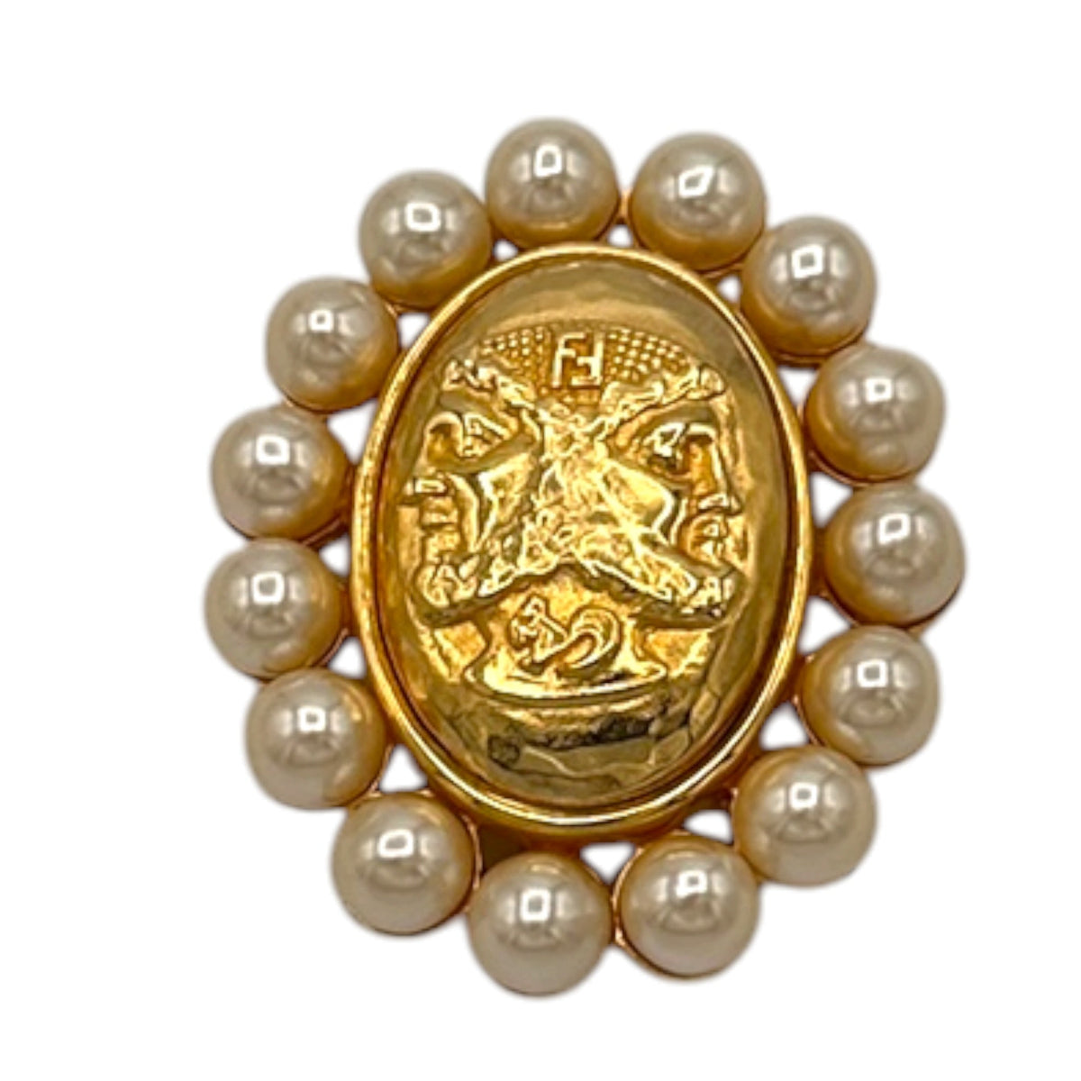 Brooches & PinsVintage Fendi Gold Janus Medallion Brooch with Faux Pearl Frame