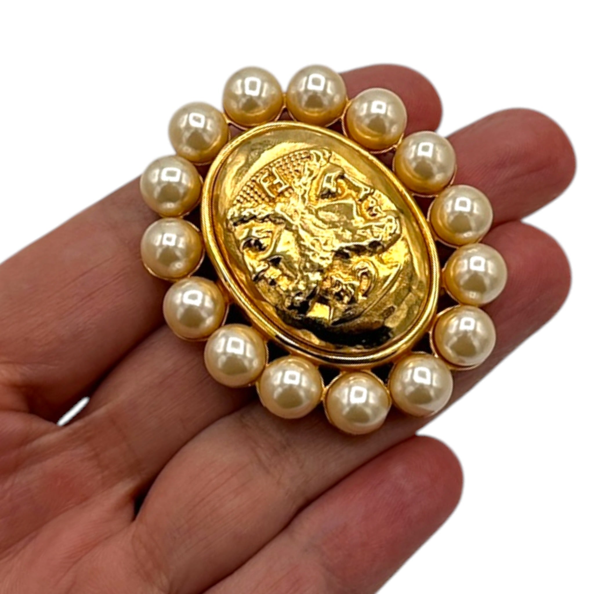 Fendi Iconic Two Sided Bacchus Dionysus Gold & Pearl Vintage