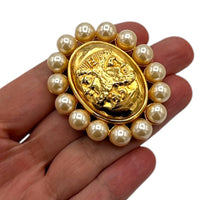 Brooches & PinsVintage Fendi Gold Janus Medallion Brooch with Faux Pearl Frame