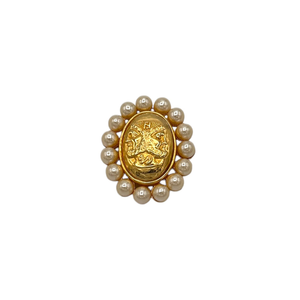 Brooches & PinsVintage Fendi Gold Janus Medallion Brooch with Faux Pearl Frame