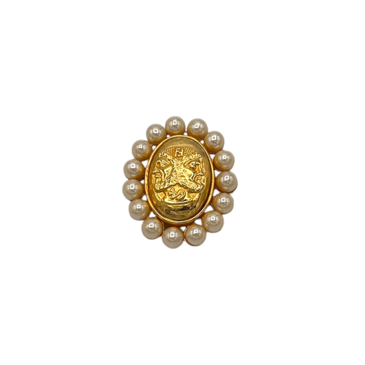 Brooches & PinsVintage Fendi Gold Janus Medallion Brooch with Faux Pearl Frame