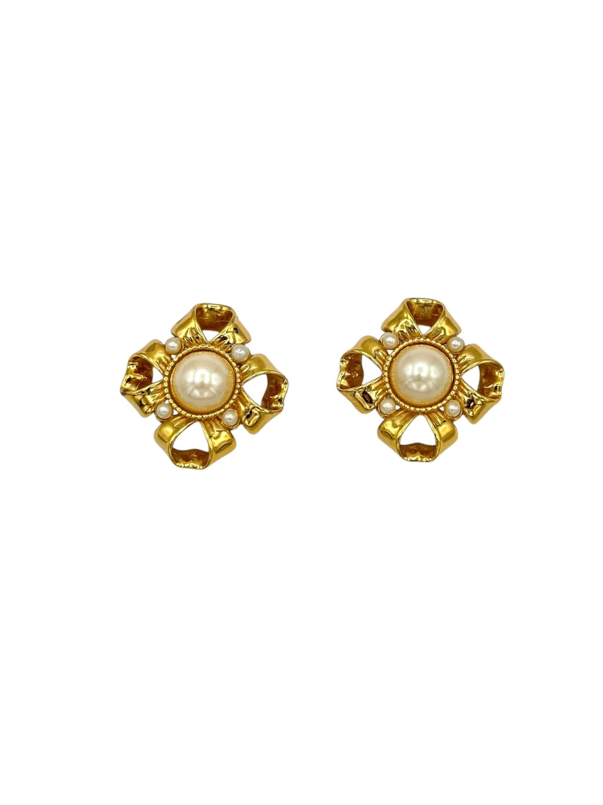 Vintage Givenchy Jewelry Gold Ribbon Pearl Classic Clip - On Earrings - 24 Wishes Vintage Jewelry