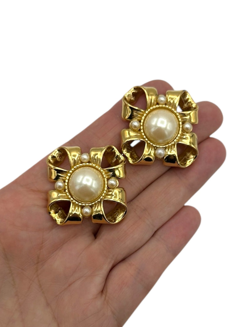 Vintage Givenchy Jewelry Gold Ribbon Pearl Classic Clip - On Earrings - 24 Wishes Vintage Jewelry