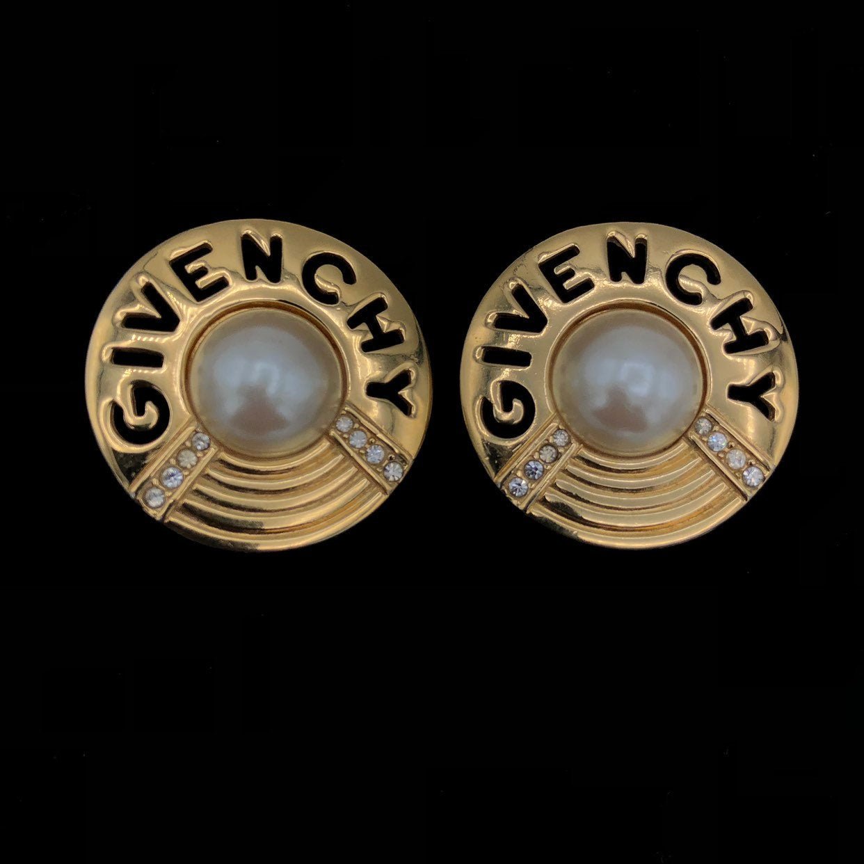 Online Givenchy Vintage Earrings Clip-on Logo Gold Plated Teardrop Black Faceted Stones