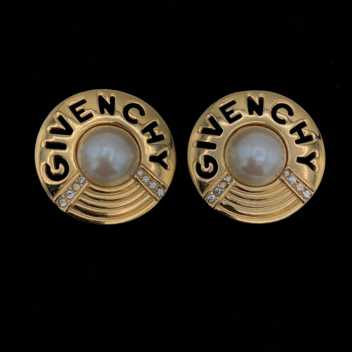 Vintage Givenchy Large Gold Cutout Logo Pearl & Rhinestone Clip - On Earrings - 24 Wishes Vintage Jewelry