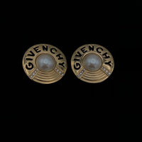 Vintage Givenchy Large Gold Cutout Logo Pearl & Rhinestone Clip - On Earrings - 24 Wishes Vintage Jewelry