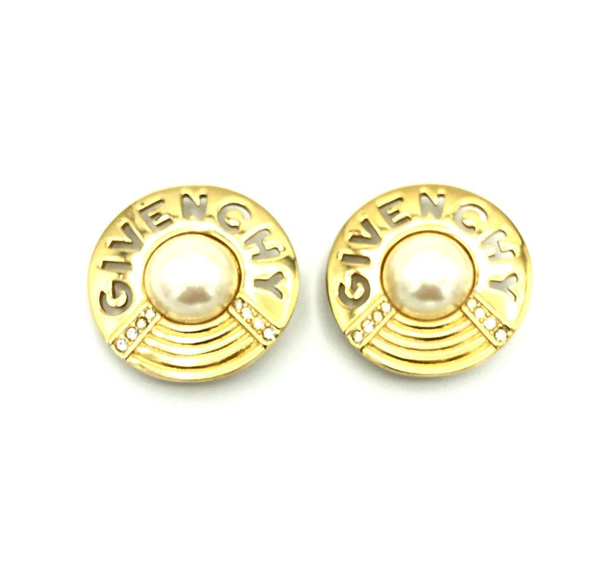 Vintage Givenchy Large Gold Cutout Logo Pearl & Rhinestone Clip - On Earrings - 24 Wishes Vintage Jewelry