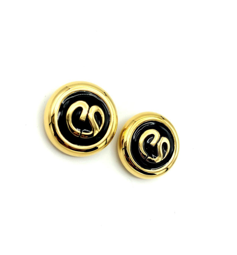 Vintage Gold & Black Enamel St. John Round Logo Vintage Clip - On Earrings - 24 Wishes Vintage Jewelry