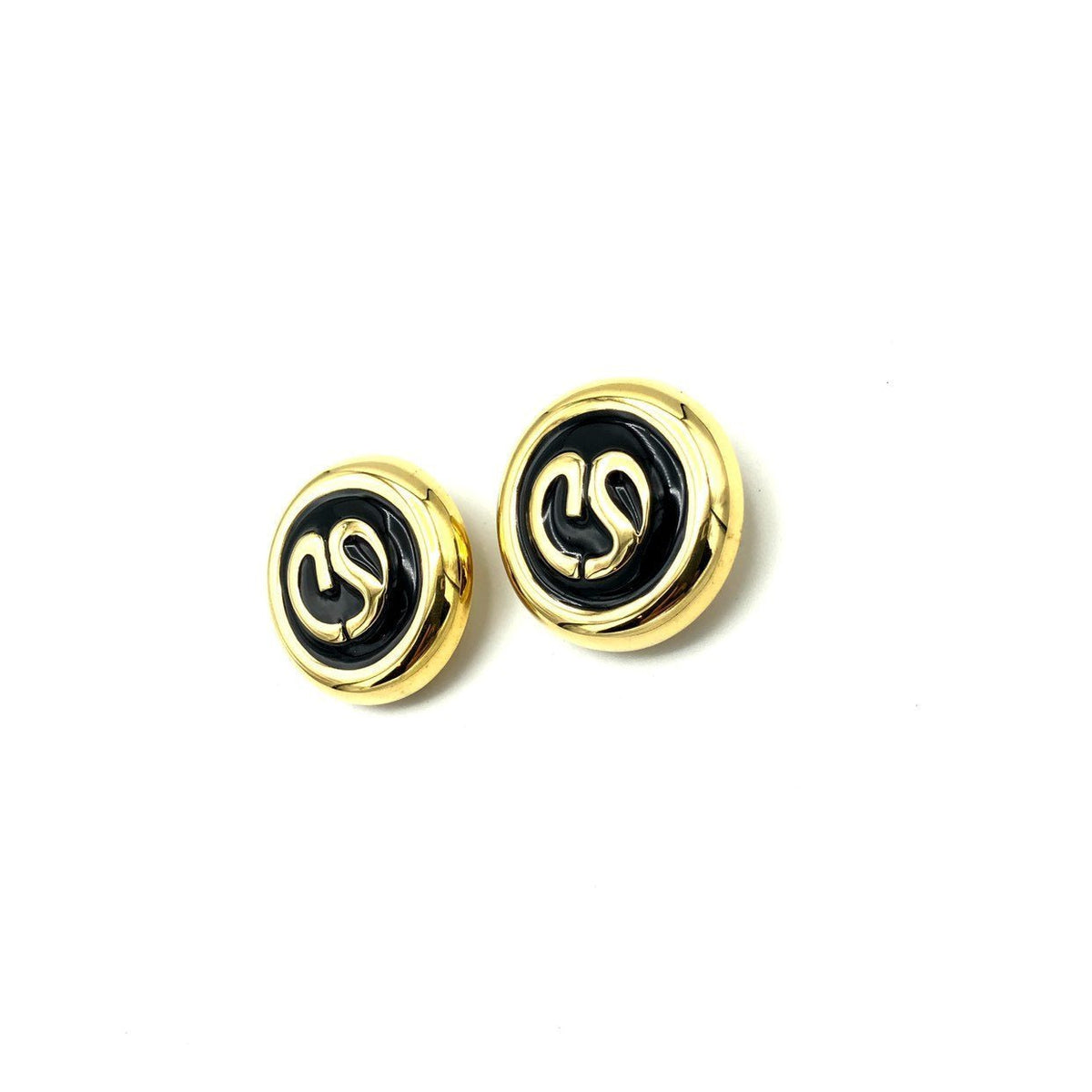 Vintage Gold & Black Enamel St. John Round Logo Vintage Clip - On Earrings - 24 Wishes Vintage Jewelry