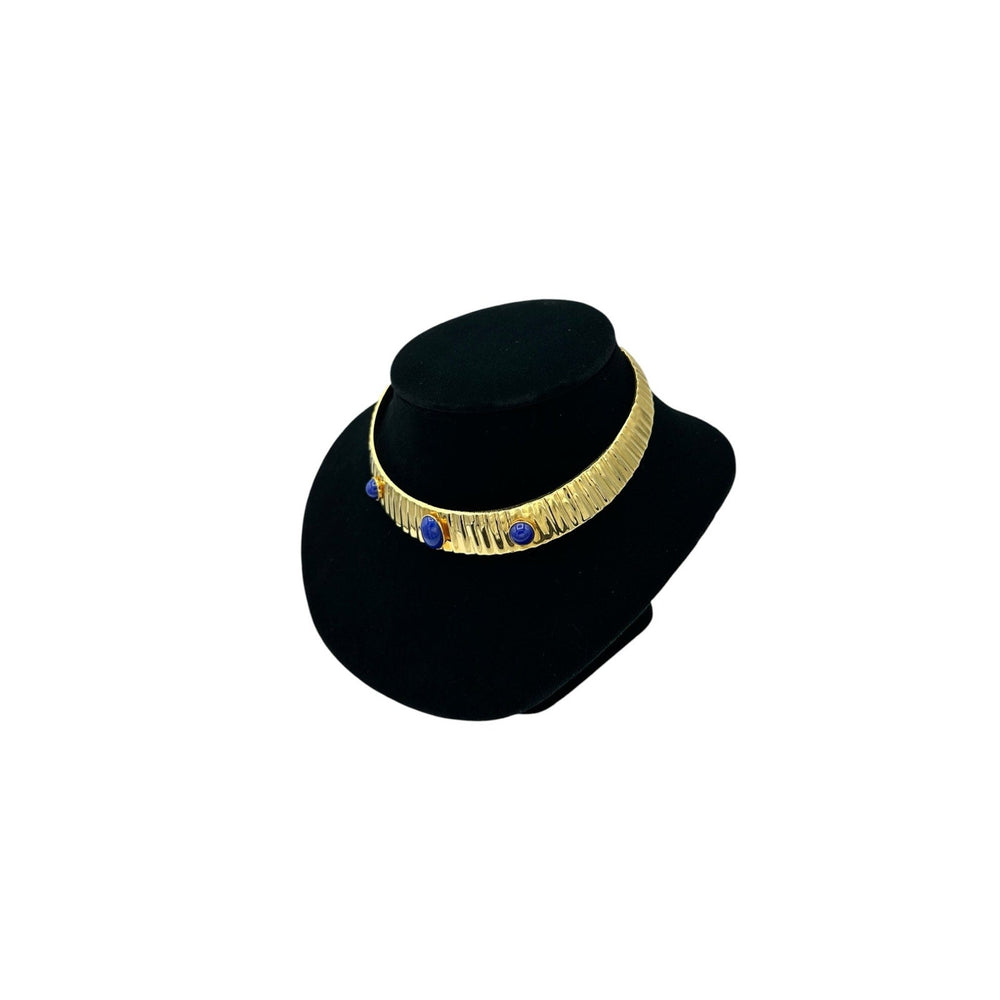 Necklaces & PendantsVintage Gold Brass Choker with Blue Glass Cabochon Accents
