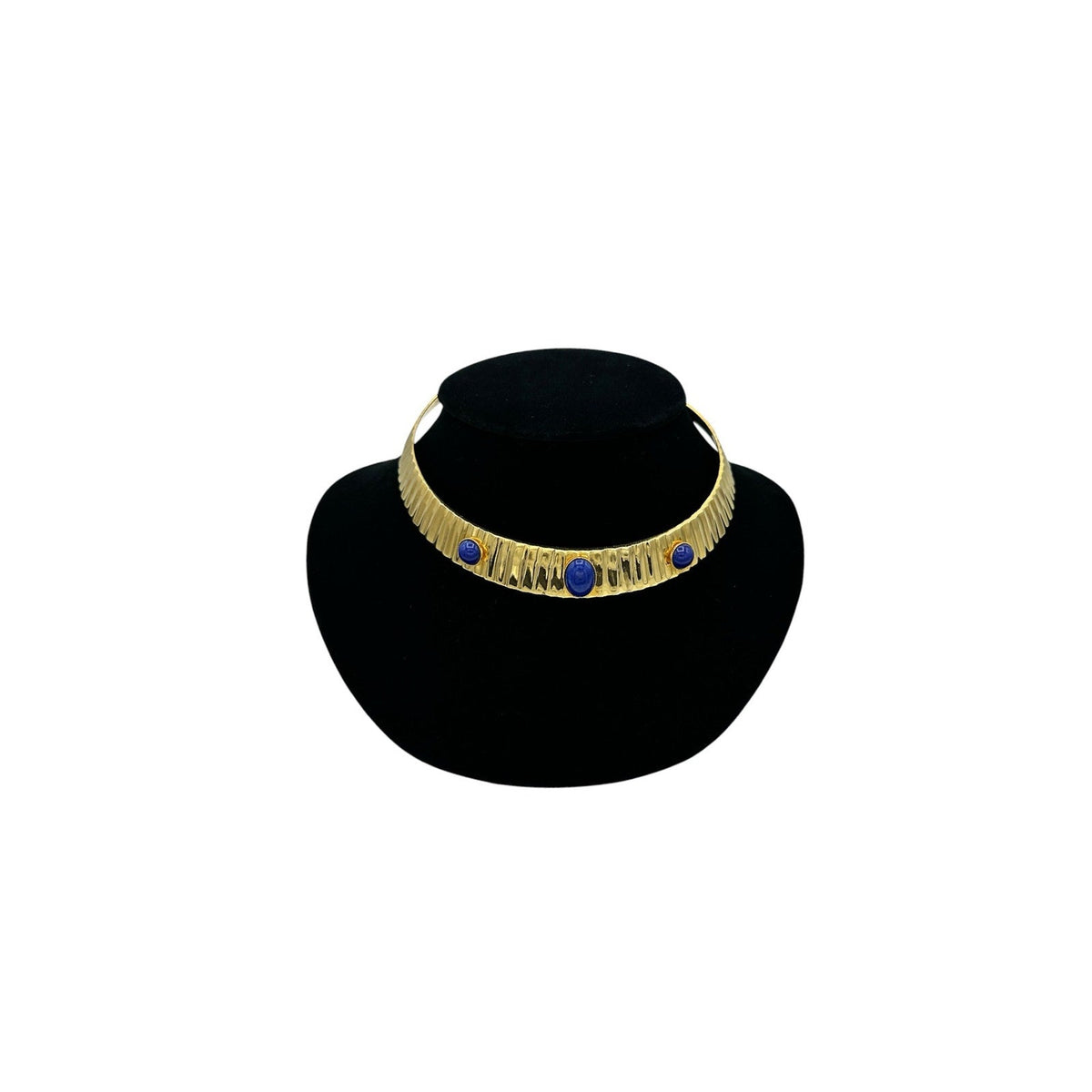 Necklaces & PendantsVintage Gold Brass Choker with Blue Glass Cabochon Accents