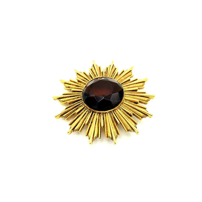 Vintage Gold Brown Glass Crystal Starburst Brooch - 24 Wishes Vintage Jewelry