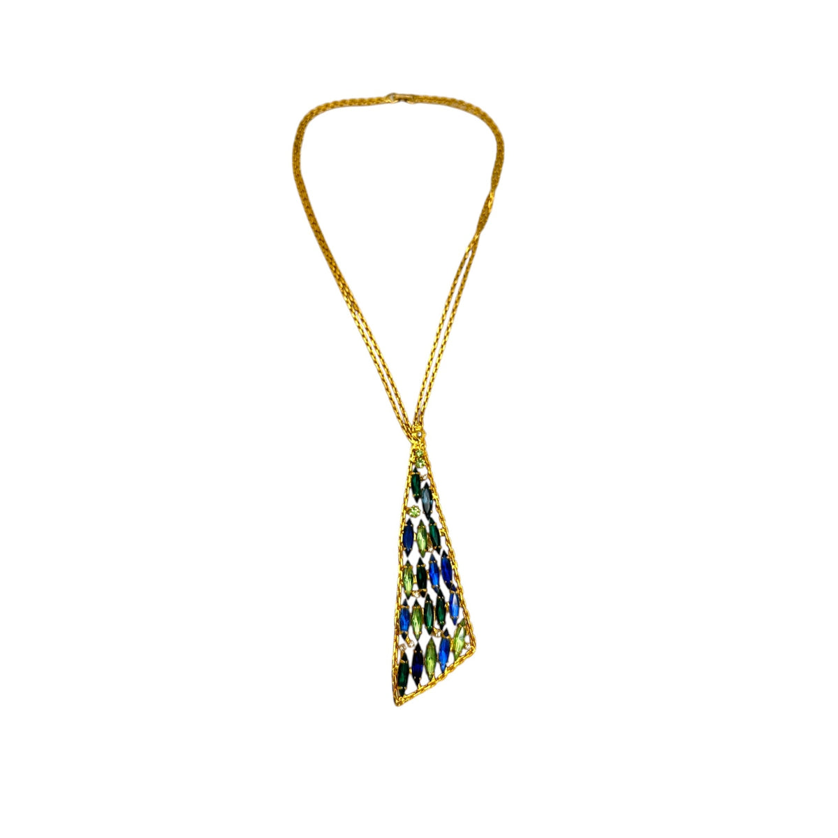 Vintage gold chain tie necklace with blue and green marquise rhinestone pendant on white background.