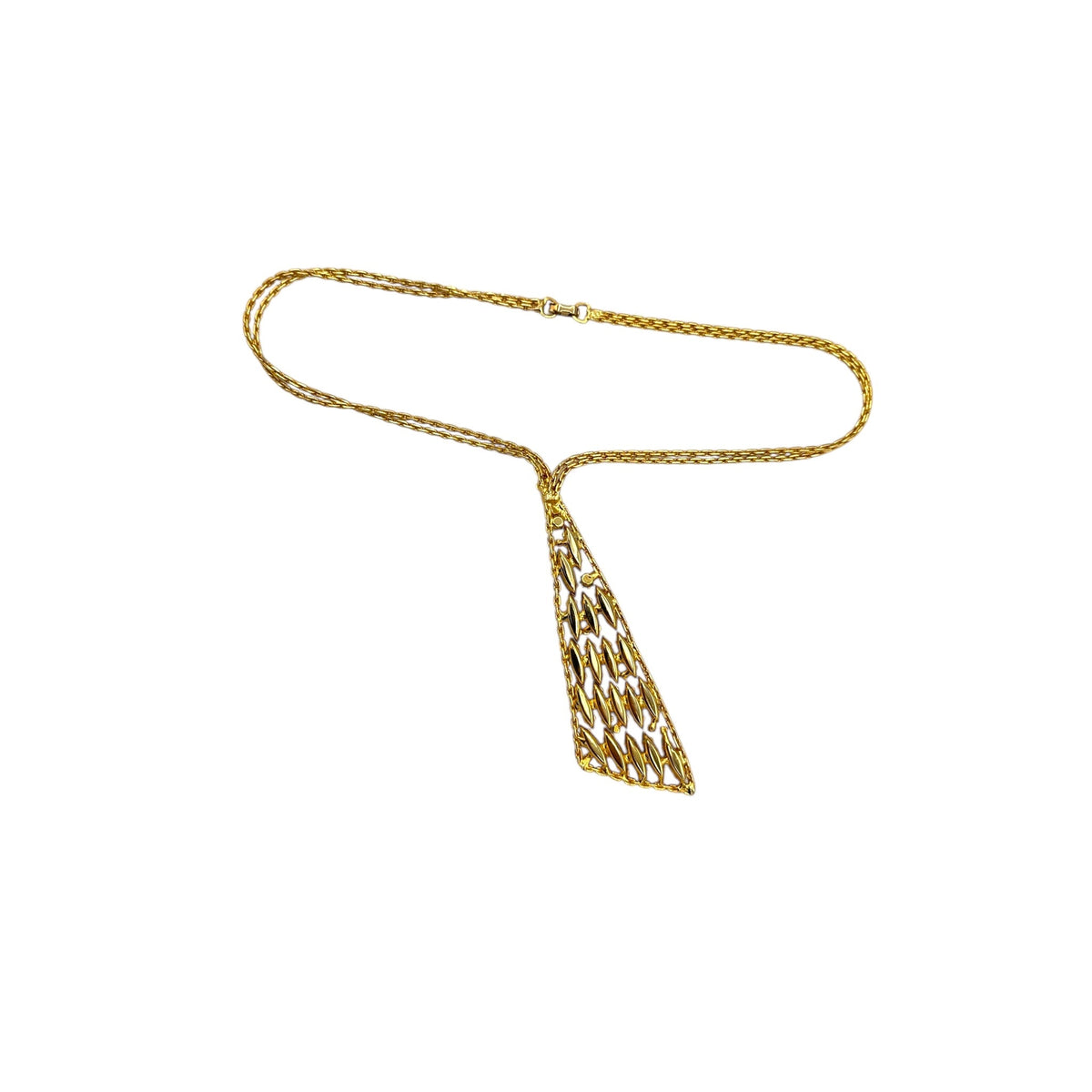 Back view of Vintage gold chain tie necklace with blue and green marquise rhinestone pendant on white background.