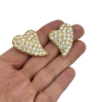 Vintage Gold Diamante Pave Heart Clip - On Earrings - 24 Wishes Vintage Jewelry