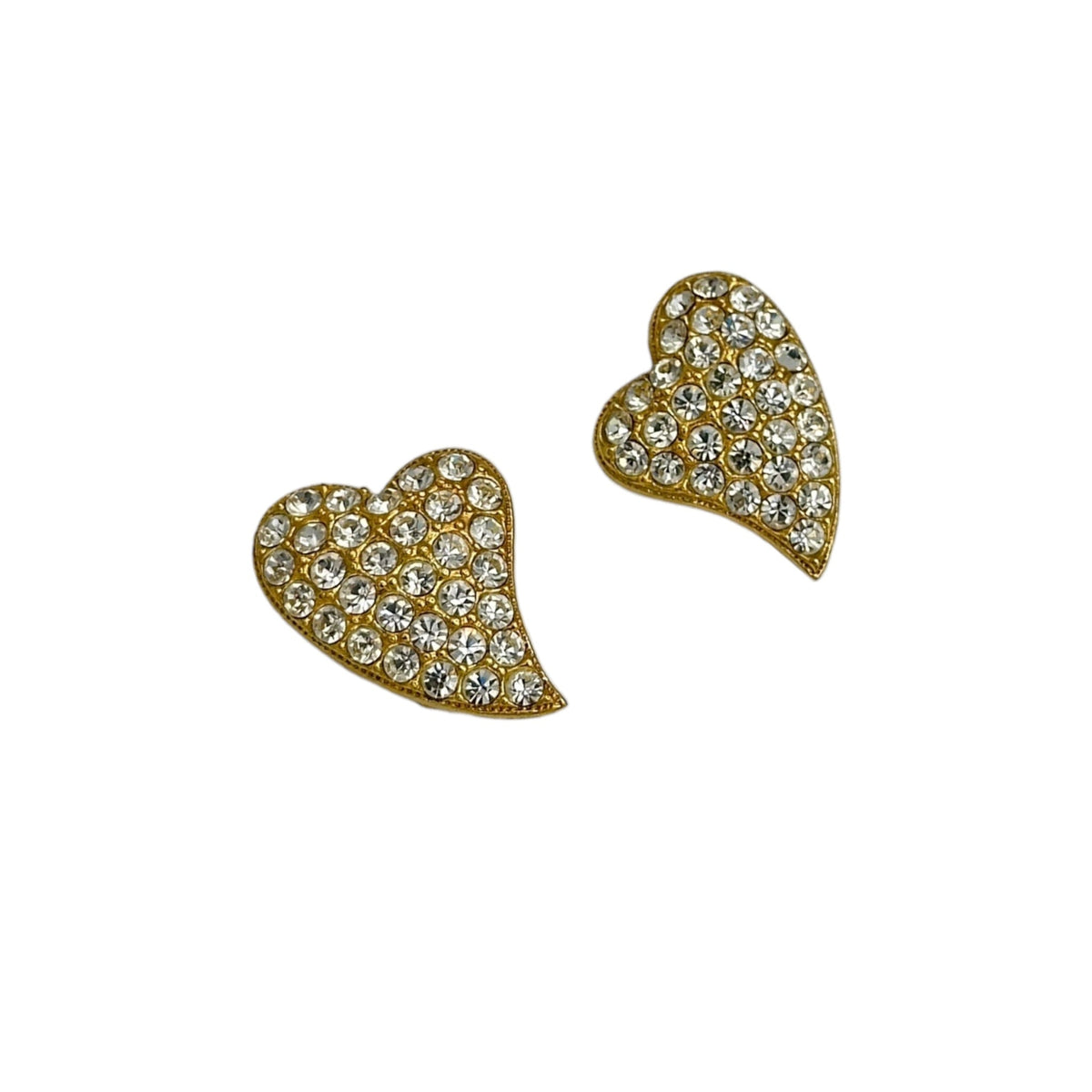 Vintage Gold Diamante Pave Heart Clip - On Earrings - 24 Wishes Vintage Jewelry