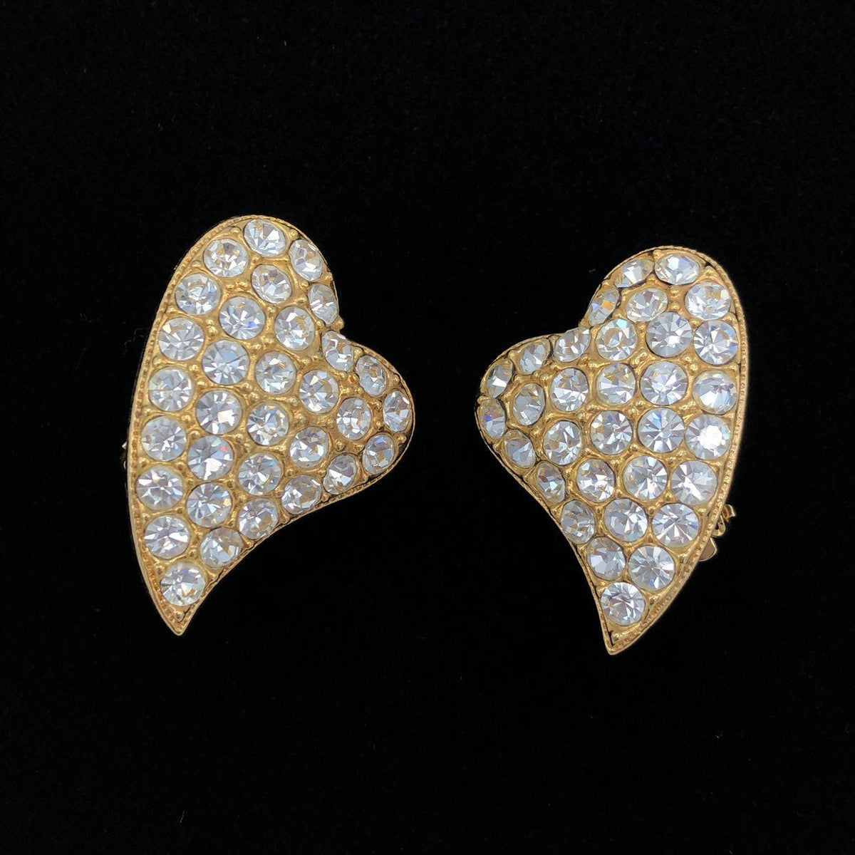 Vintage Gold Diamante Pave Heart Clip - On Earrings - 24 Wishes Vintage Jewelry