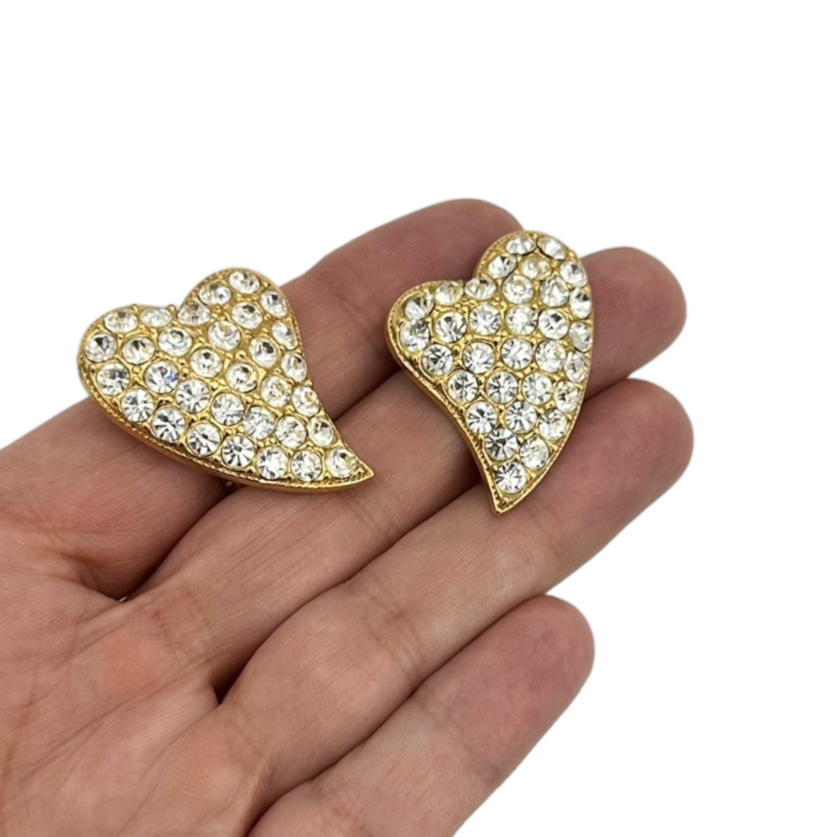 Vintage Gold Diamante Pave Heart Clip - On Earrings - 24 Wishes Vintage Jewelry