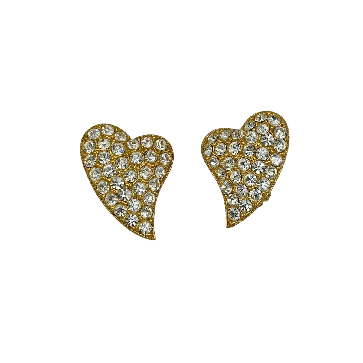 Vintage Gold Diamante Pave Heart Clip - On Earrings - 24 Wishes Vintage Jewelry