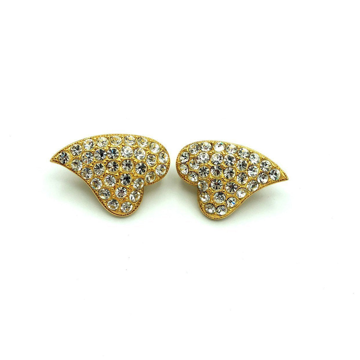 Vintage Gold Diamante Pave Heart Clip - On Earrings - 24 Wishes Vintage Jewelry