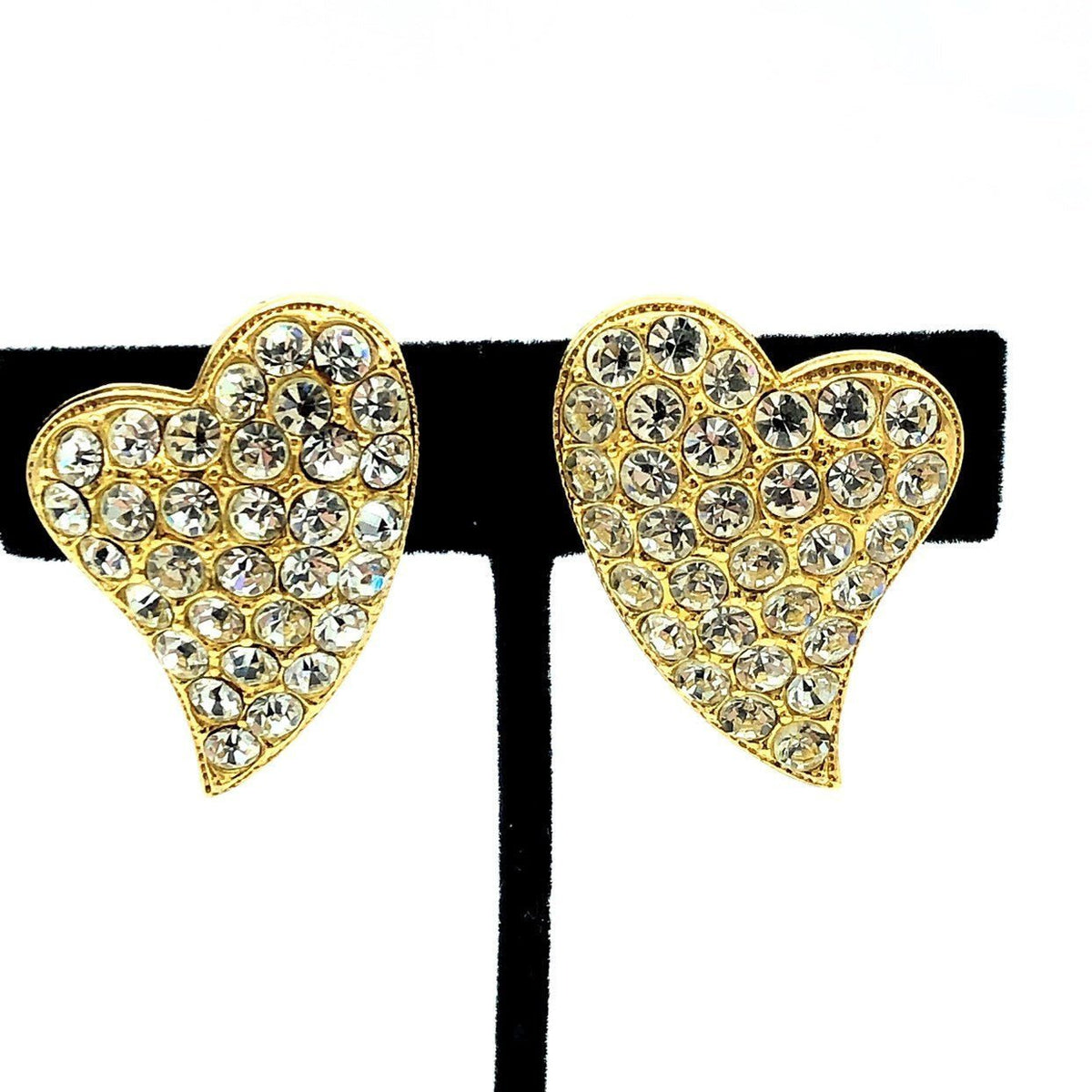 Vintage Gold Diamante Pave Heart Clip - On Earrings - 24 Wishes Vintage Jewelry