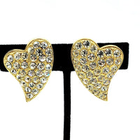 Vintage Gold Diamante Pave Heart Clip - On Earrings - 24 Wishes Vintage Jewelry