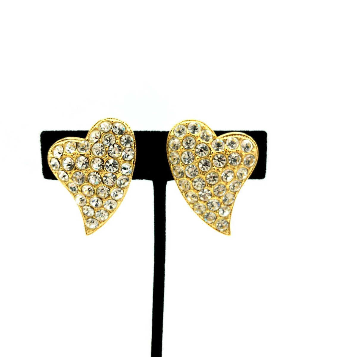 Vintage Gold Diamante Pave Heart Clip - On Earrings - 24 Wishes Vintage Jewelry