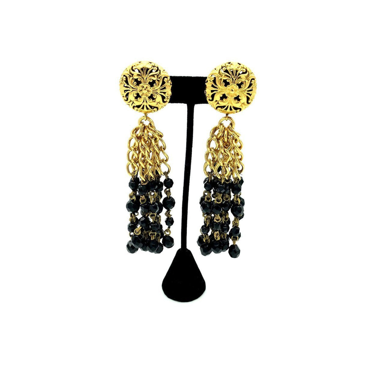 Vintage Gold Franck Herval Black Tassel Clip - On Earrings - 24 Wishes Vintage Jewelry