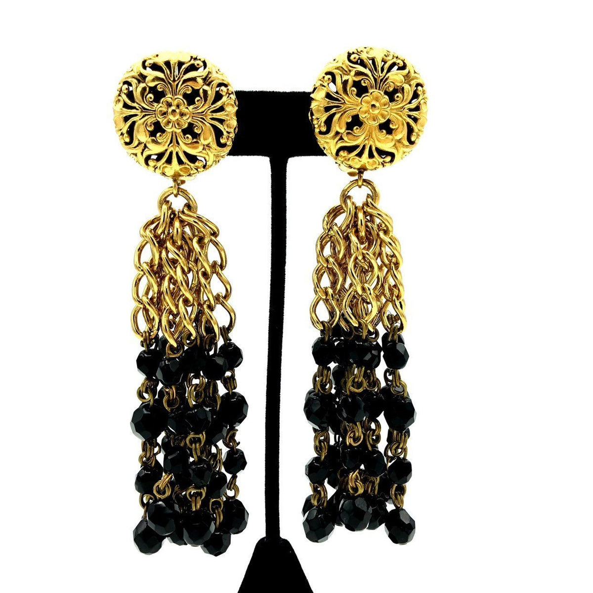 Vintage Gold Franck Herval Black Tassel Clip - On Earrings - 24 Wishes Vintage Jewelry