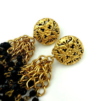 Vintage Gold Franck Herval Black Tassel Clip - On Earrings - 24 Wishes Vintage Jewelry