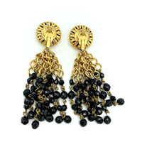 Vintage Gold Franck Herval Black Tassel Clip - On Earrings - 24 Wishes Vintage Jewelry