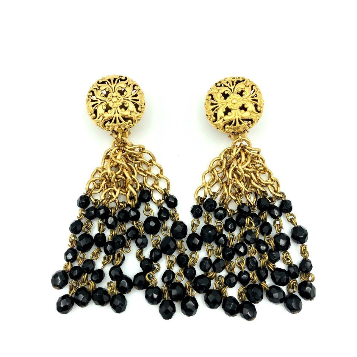 Vintage Gold Franck Herval Black Tassel Clip - On Earrings - 24 Wishes Vintage Jewelry