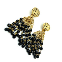 Vintage Gold Franck Herval Black Tassel Clip - On Earrings - 24 Wishes Vintage Jewelry