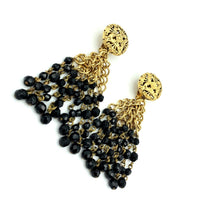 Vintage Gold Franck Herval Black Tassel Clip - On Earrings - 24 Wishes Vintage Jewelry