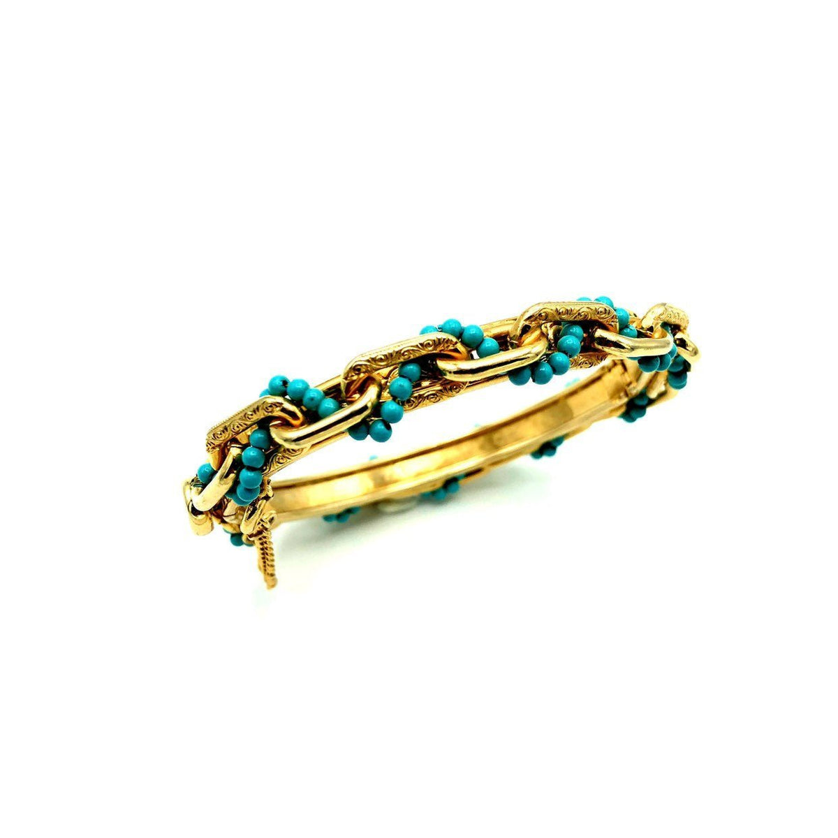 Vintage Gold Hinged Chain Turquoise Bead Bangle Bracelet - 24 Wishes Vintage Jewelry