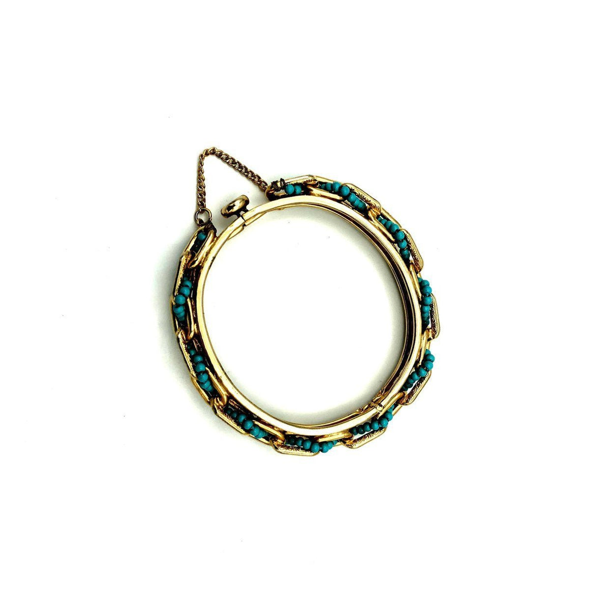 Vintage Gold Hinged Chain Turquoise Bead Bangle Bracelet - 24 Wishes Vintage Jewelry