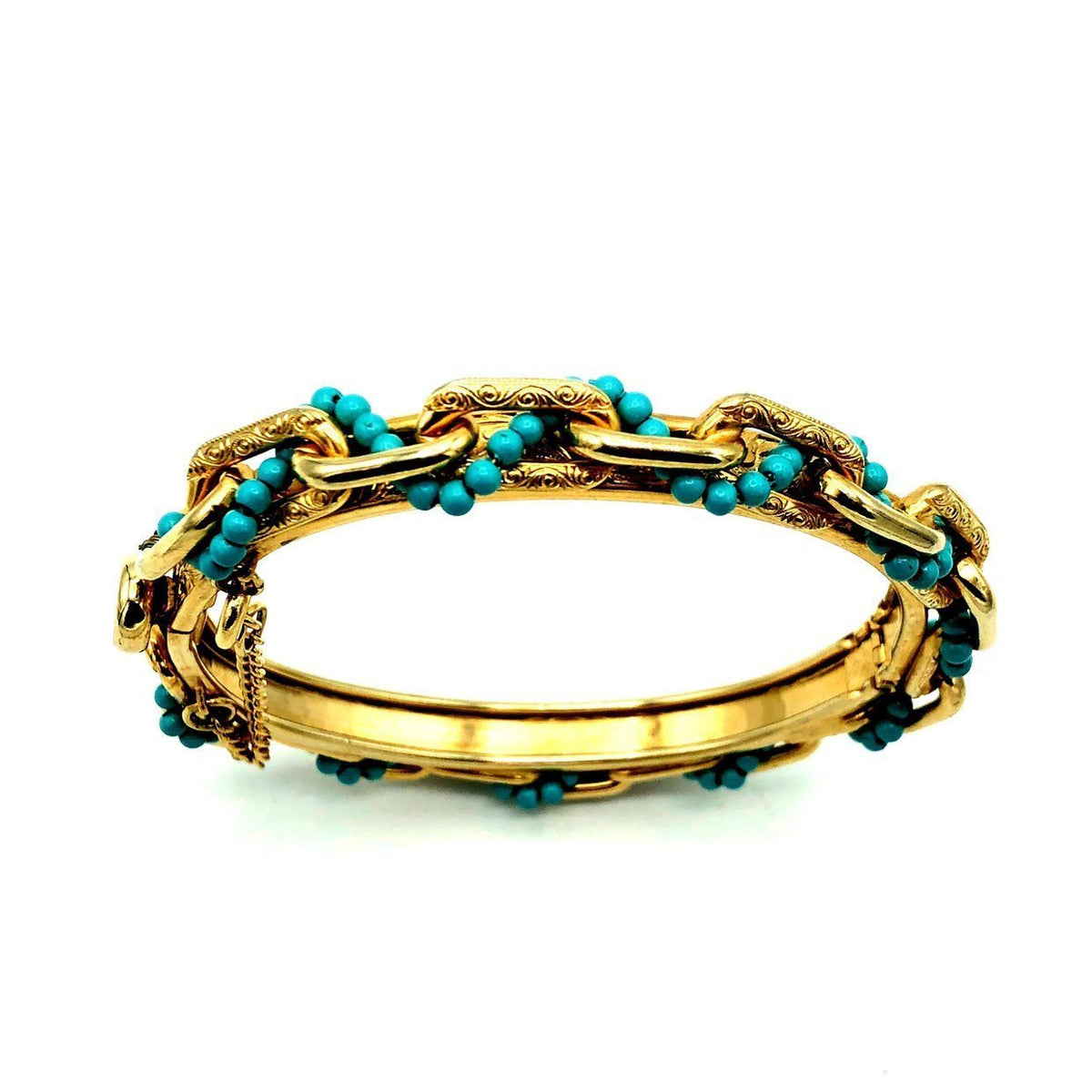 Vintage Gold Hinged Chain Turquoise Bead Bangle Bracelet - 24 Wishes Vintage Jewelry