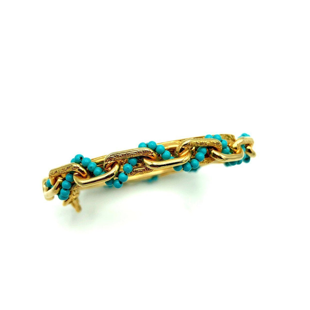 Vintage Gold Hinged Chain Turquoise Bead Bangle Bracelet - 24 Wishes Vintage Jewelry