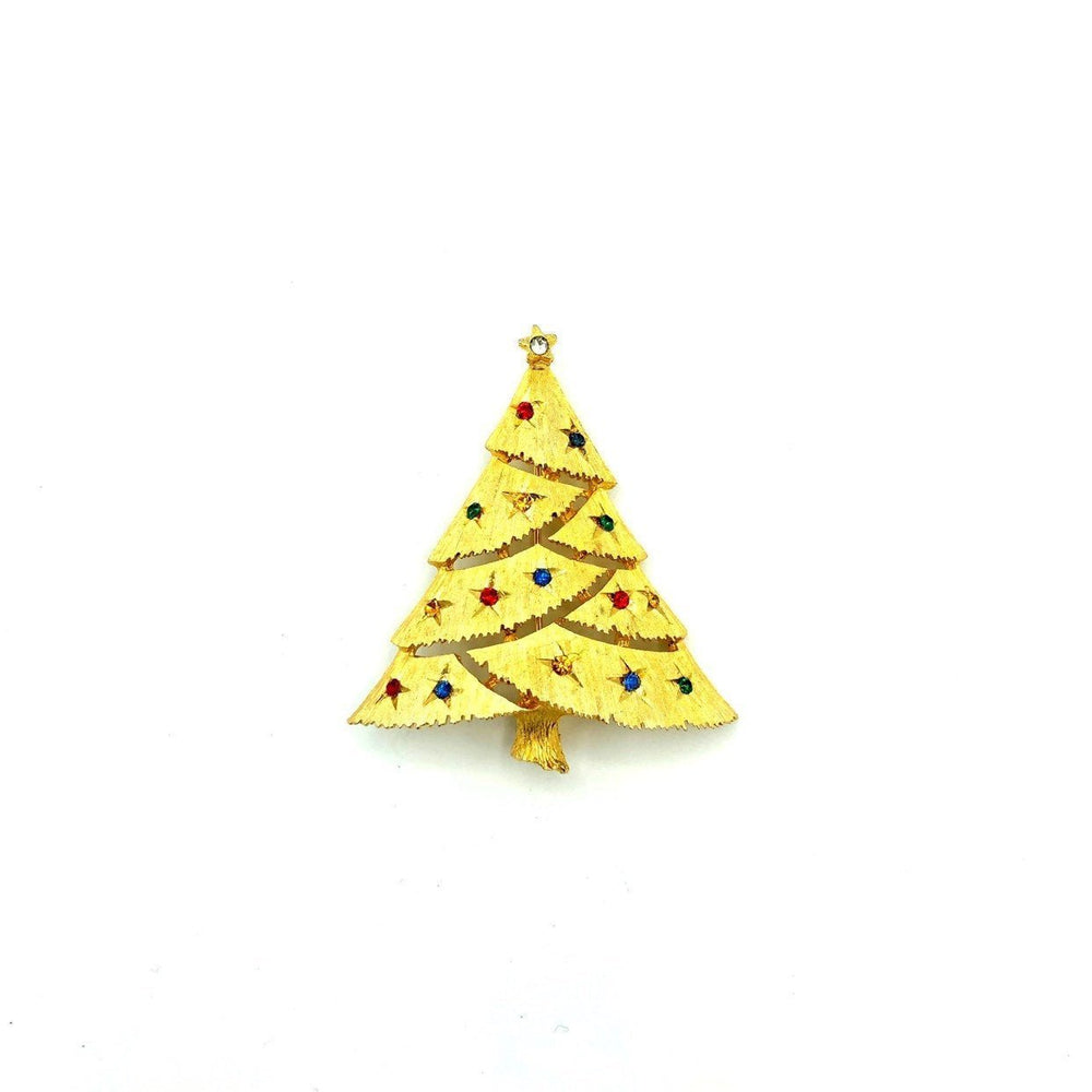 Vintage Gold JJ Colorful Rhinestone Christmas Tree Brooch - 24 Wishes Vintage Jewelry