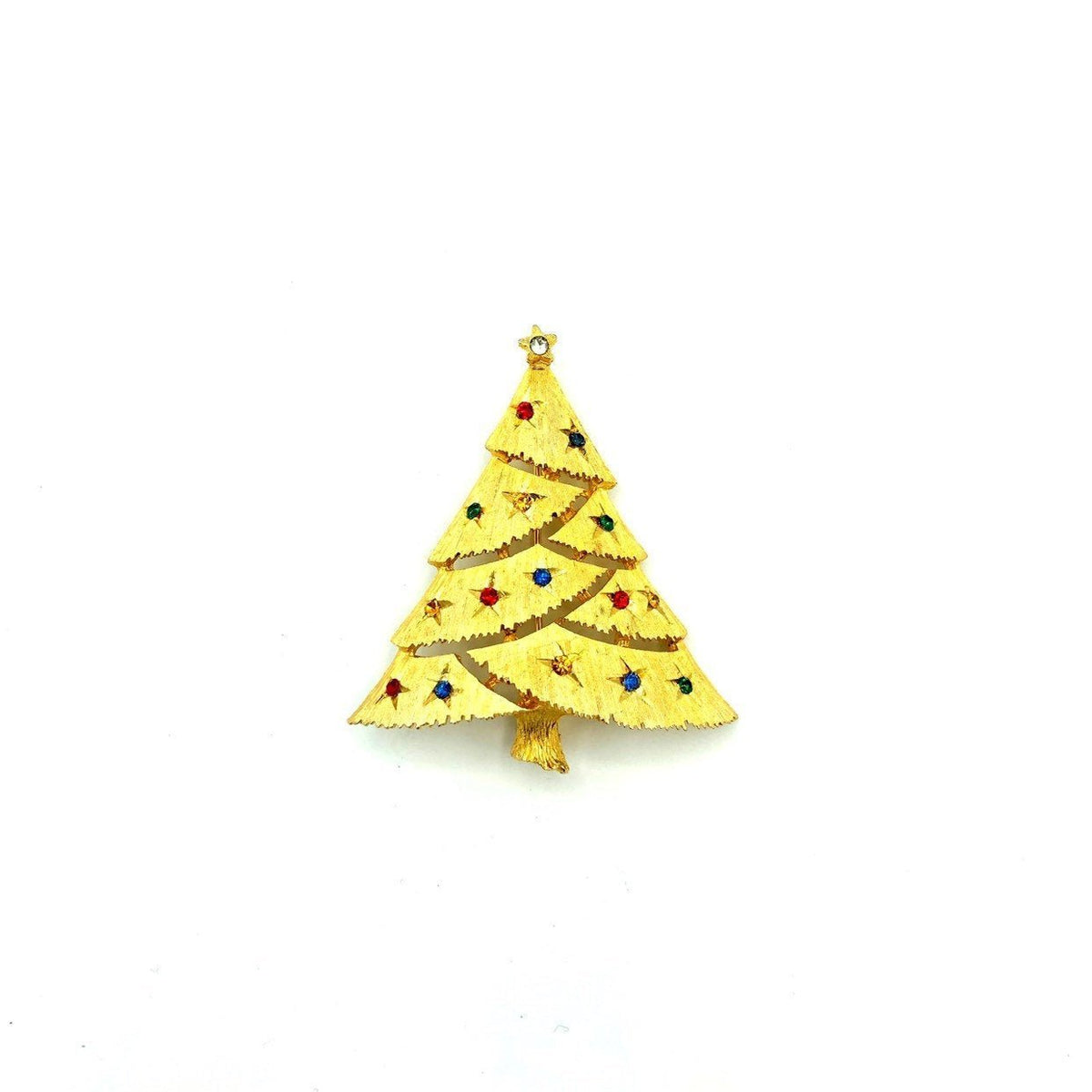 Vintage Gold JJ Colorful Rhinestone Christmas Tree Brooch - 24 Wishes Vintage Jewelry