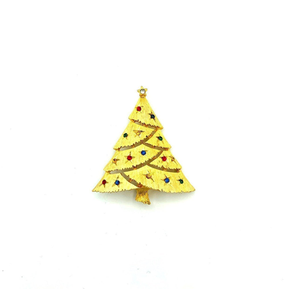 Vintage Gold JJ Colorful Rhinestone Christmas Tree Brooch - 24 Wishes Vintage Jewelry