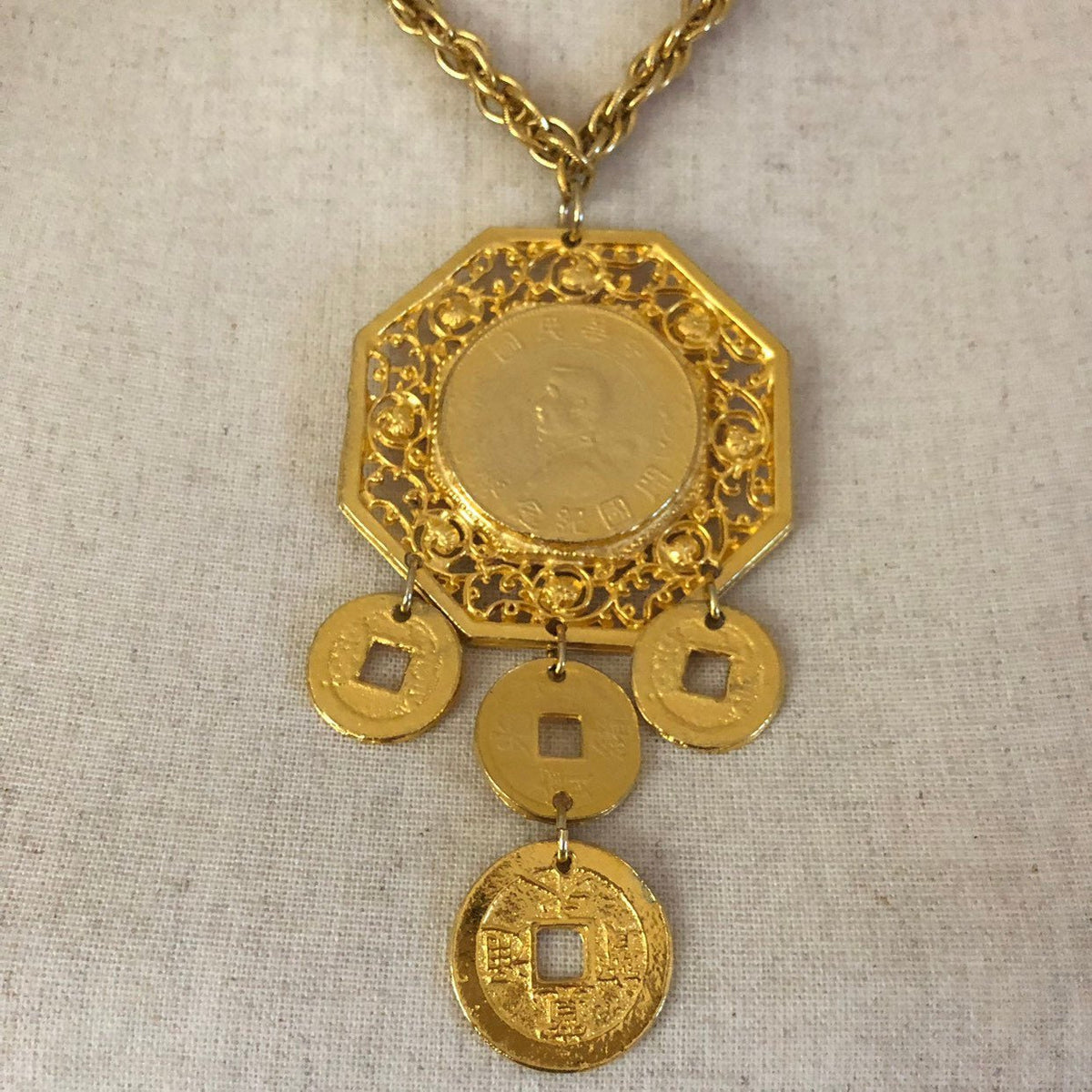 Vintage Gold Les Bernard Large Chinese Coin Pendant - 24 Wishes Vintage Jewelry