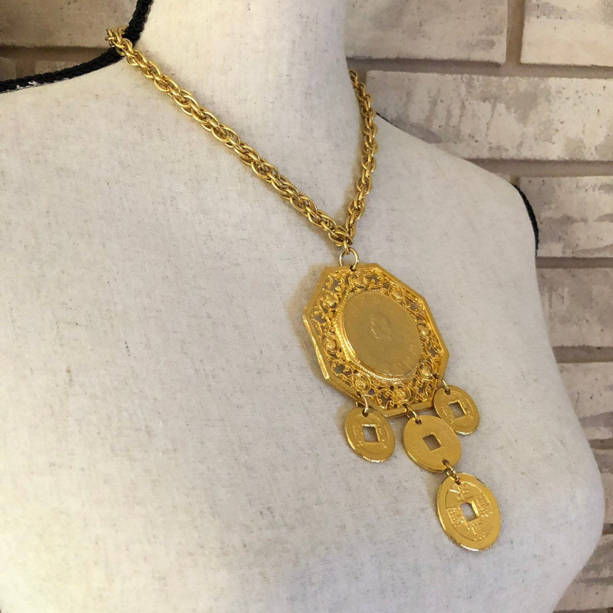 Vintage Gold Les Bernard Large Chinese Coin Pendant - 24 Wishes Vintage Jewelry