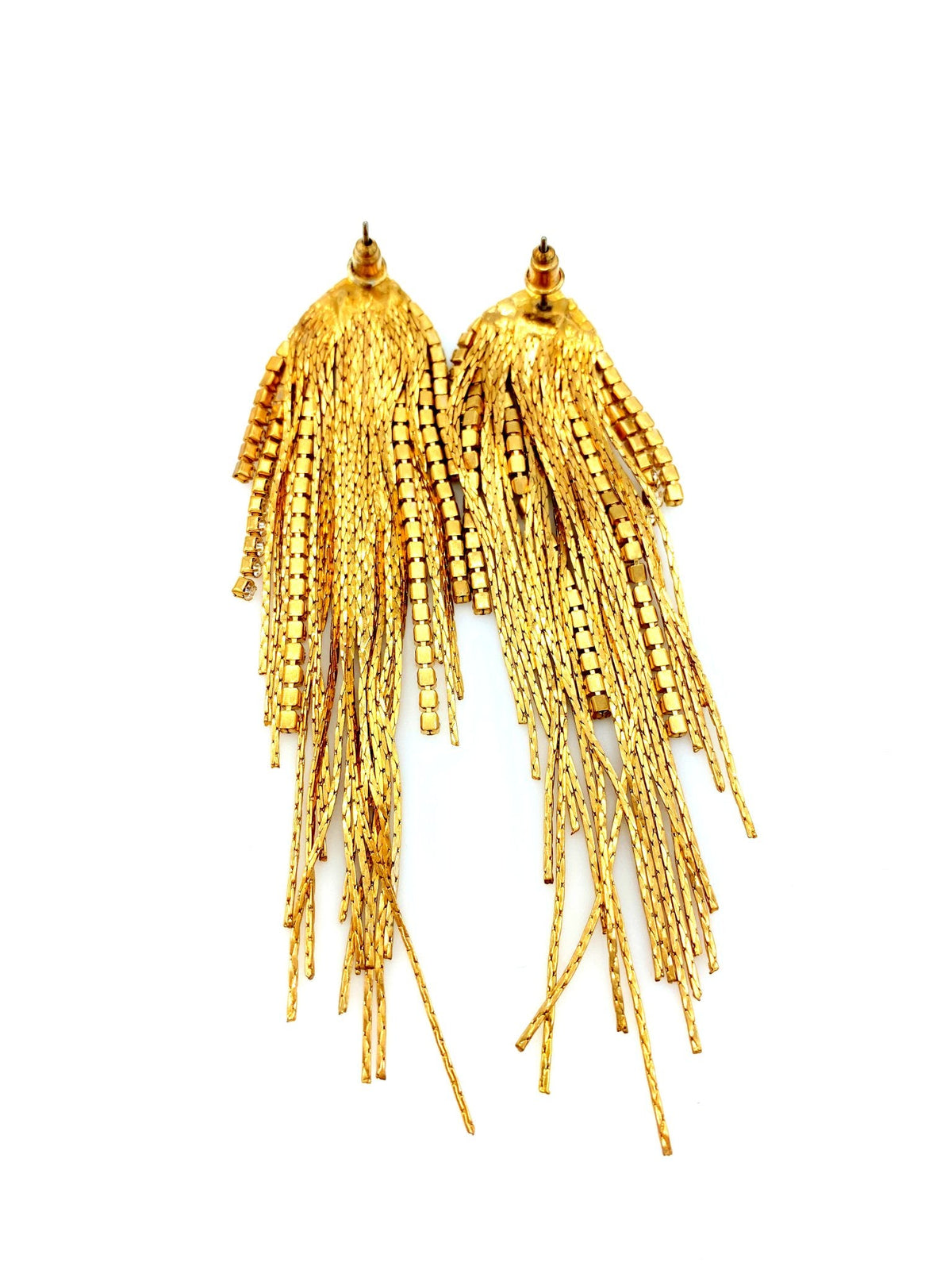 Vintage Gold Long Chain & Rhinestone Fringe Pierced Earrings - 24 Wishes Vintage Jewelry