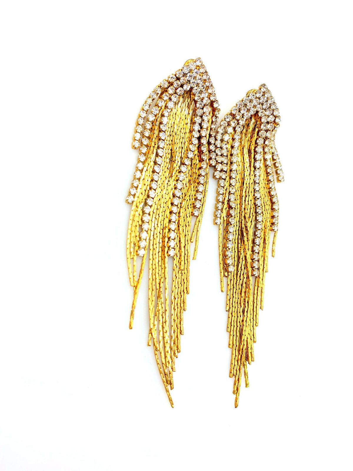 Vintage Gold Long Chain & Rhinestone Fringe Pierced Earrings - 24 Wishes Vintage Jewelry